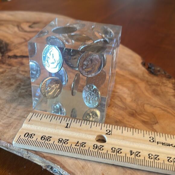 Vintage 70's Mid-Century Lucite & Dime Incapsulated Paperweight/Accent Piece - Picture 7 of 7